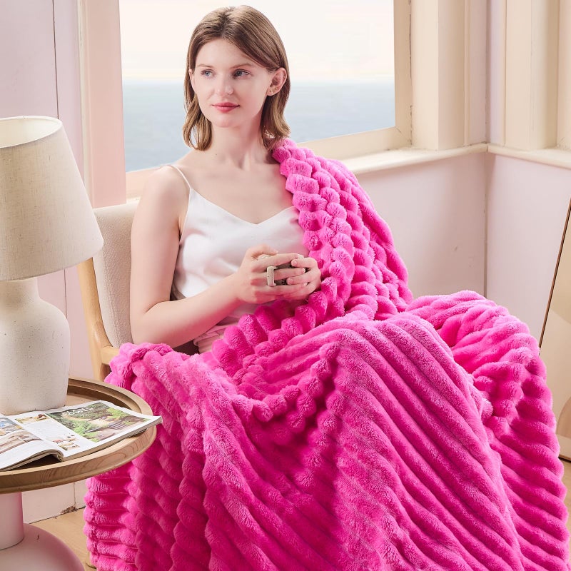 NEWCOSPLAY Super Soft Throw Blanket Hot Pink Premium Silky Flannel Fleece 3D Ribbed Jacquard Lightweight Bed Blanket All Season Use (Hot Pink Ribbed  Throw(50""x60"")) - Image 2